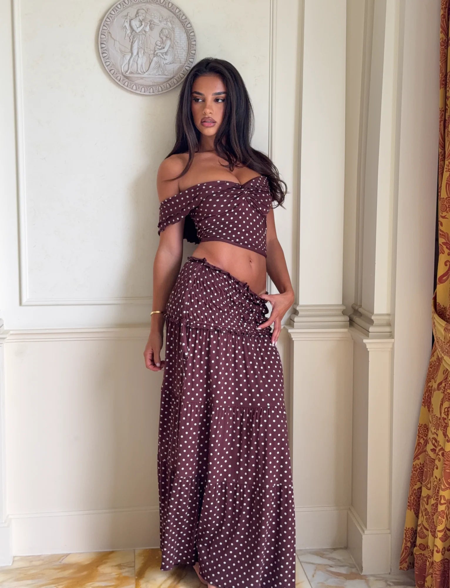 POLKA DOT OFF SHOULDER CROP TOP + MAXI SKIRT