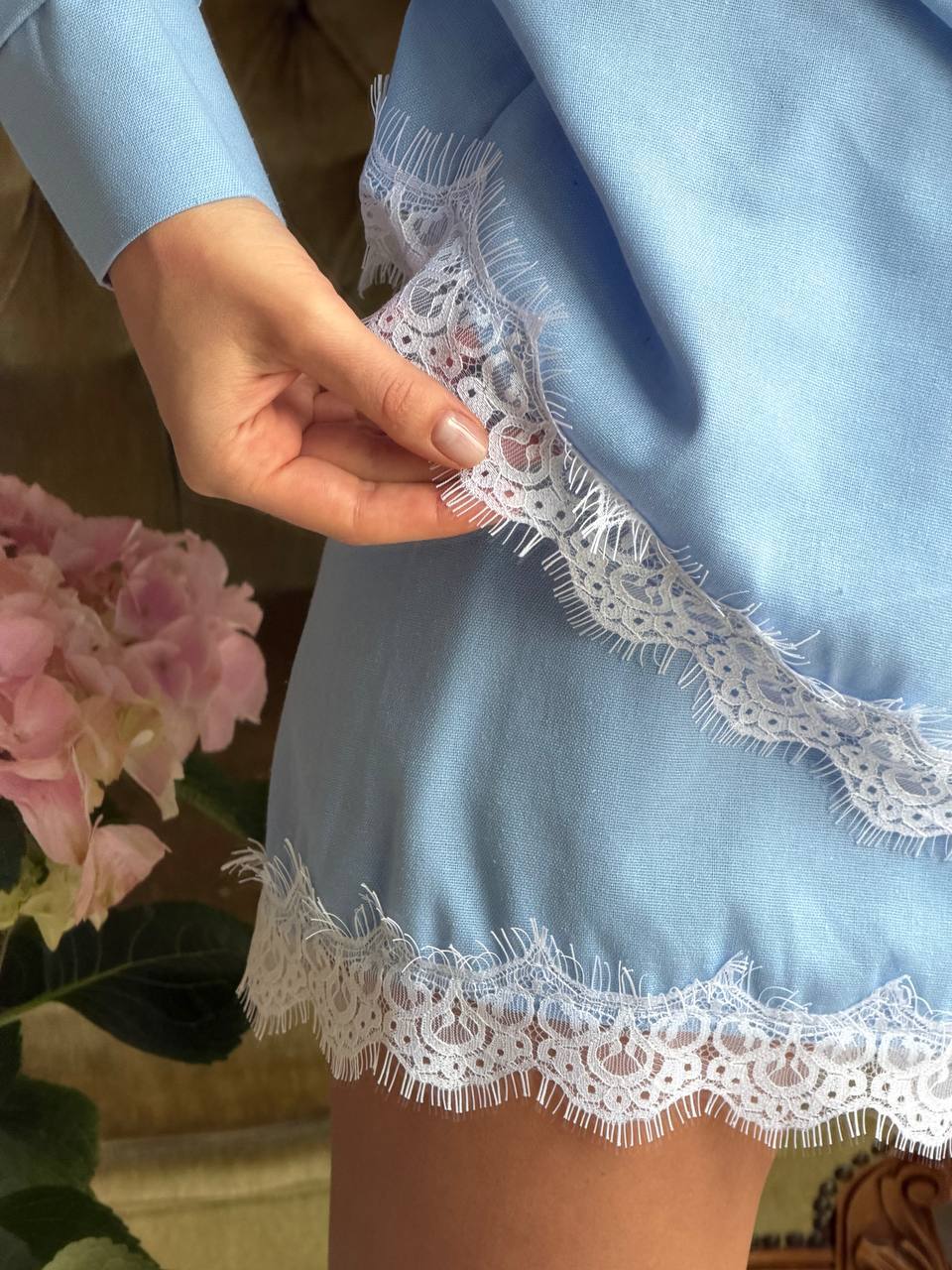 SKY BLUE LACE TRIM LOUNGE SET