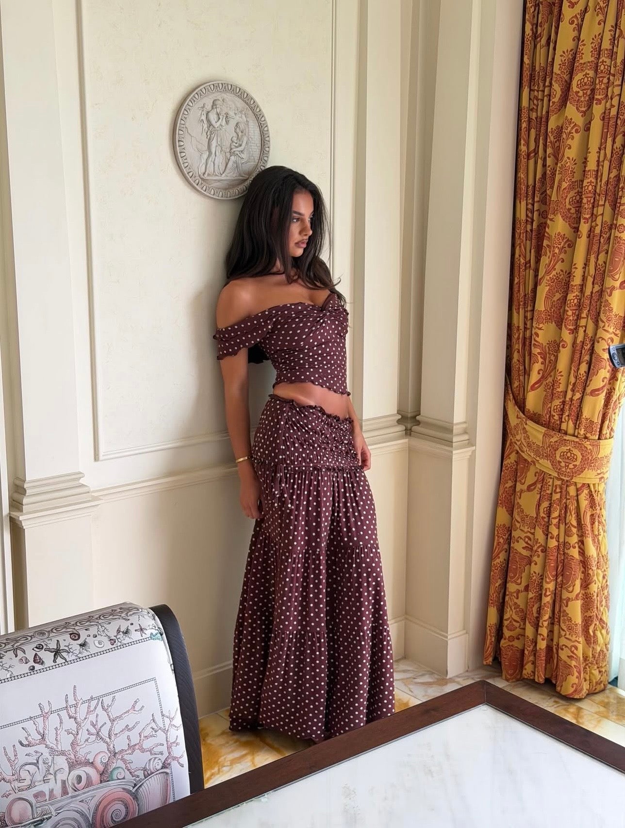POLKA DOT OFF SHOULDER CROP TOP + MAXI SKIRT