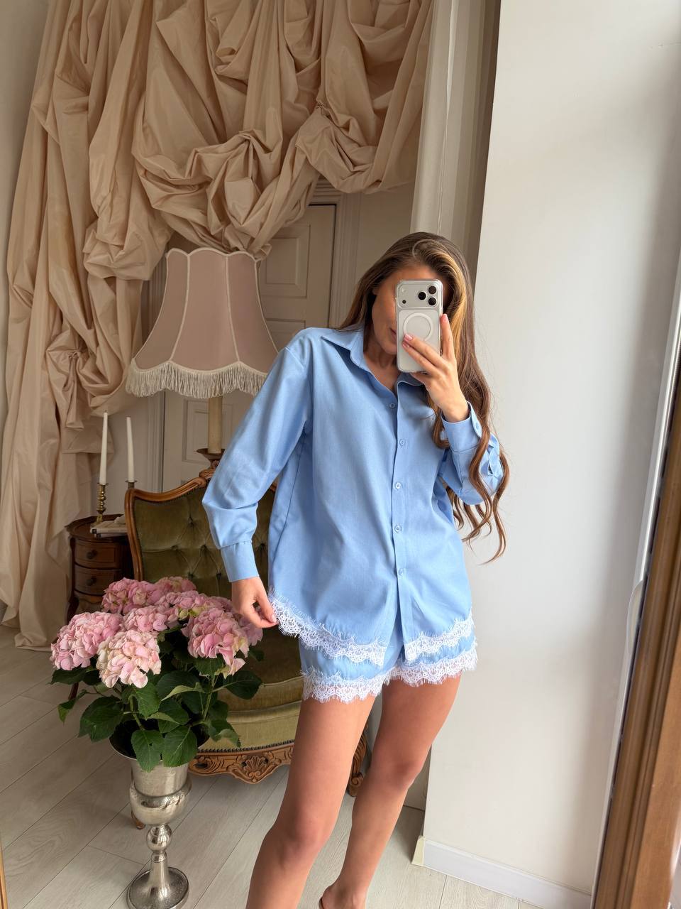 SKY BLUE LACE TRIM LOUNGE SET