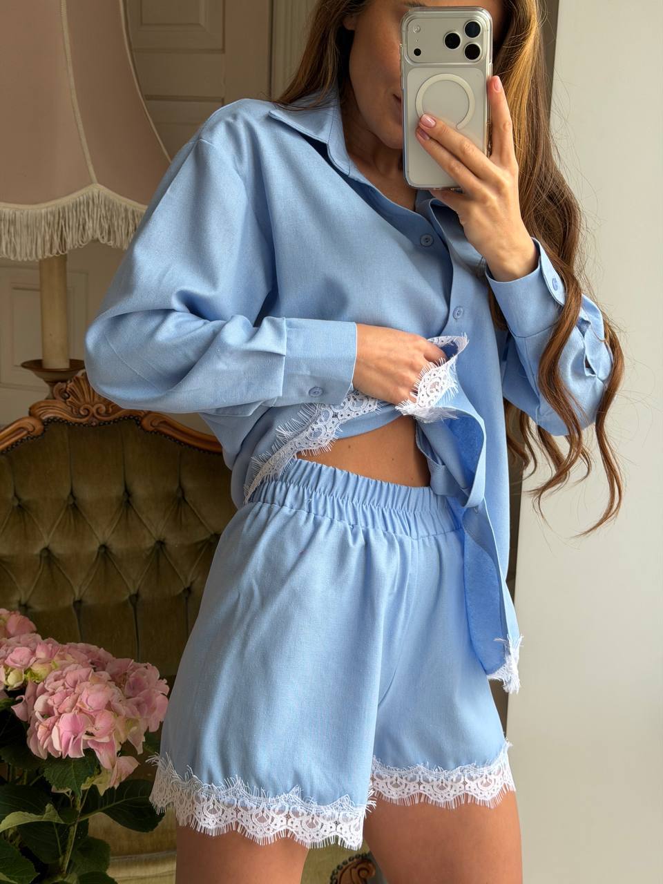 SKY BLUE LACE TRIM LOUNGE SET